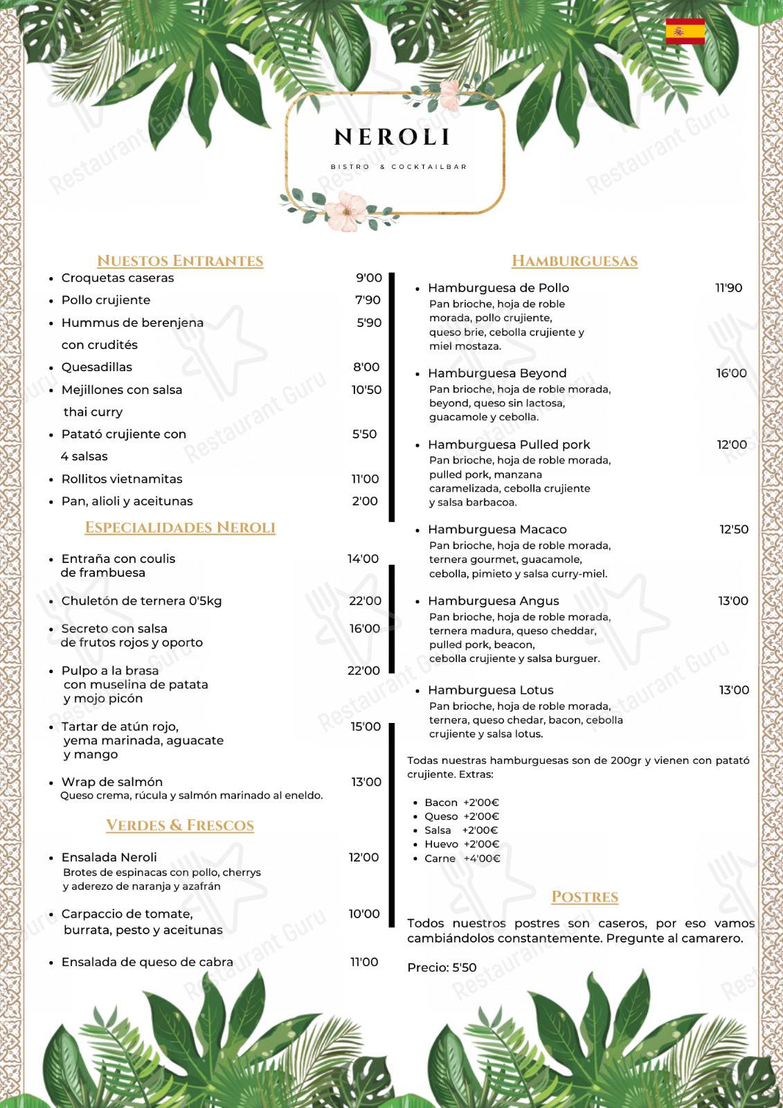 Neroli Cocktail Restaurant carta español